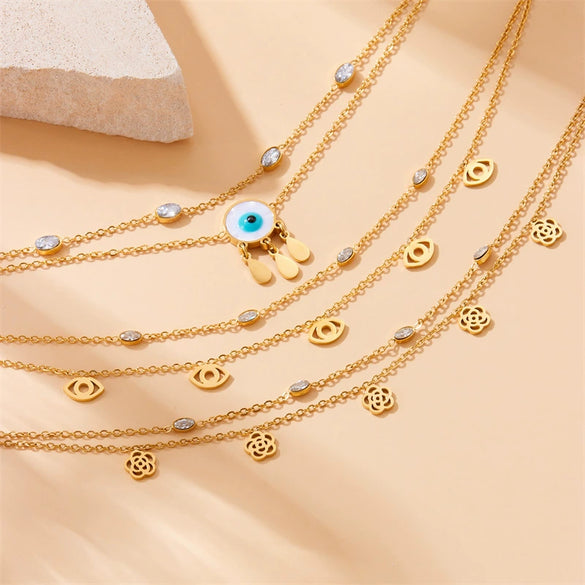 Stainless Steel Women's Double Layer Stacked Small Flower Eyes Water Drop Diamond Tassel Chain Anklet