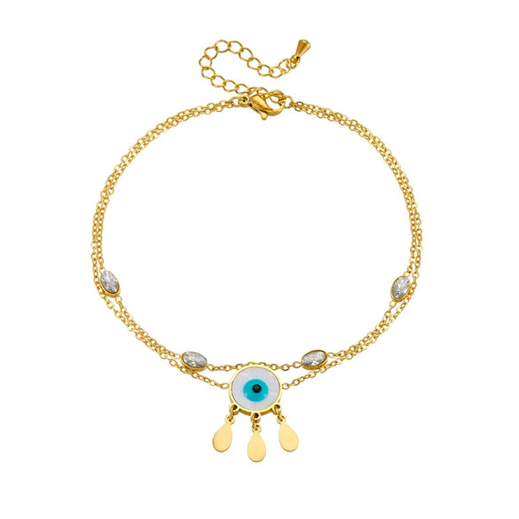 Stainless Steel Women's Double Layer Stacked Small Flower Eyes Water Drop Diamond Tassel Chain Anklet