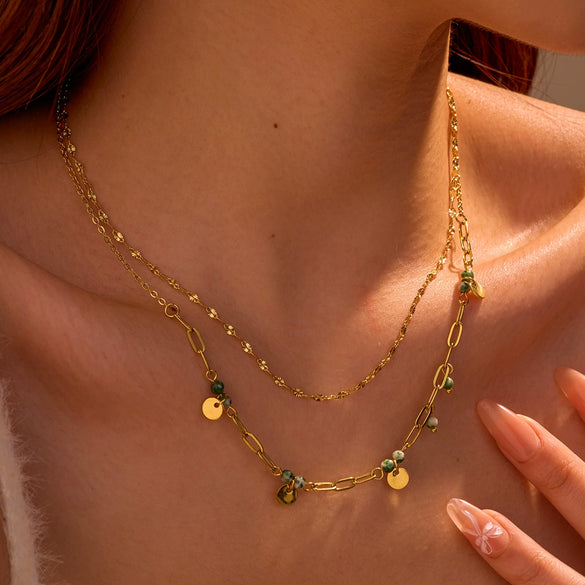 Stainless Steel Women's Doublelayer Pendant Necklace With Natural Stone Electroplating Fashion Style