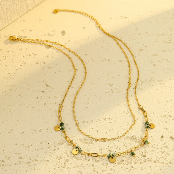 Stainless Steel Women's Doublelayer Pendant Necklace With Natural Stone Electroplating Fashion Style