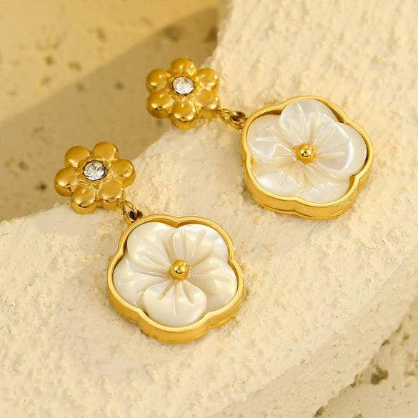 Stainless Steel Women's Earrings Necklace Bracelet With Zircon Flower Inlaid Motherofpearl Petal Pendant And Electroplating Design