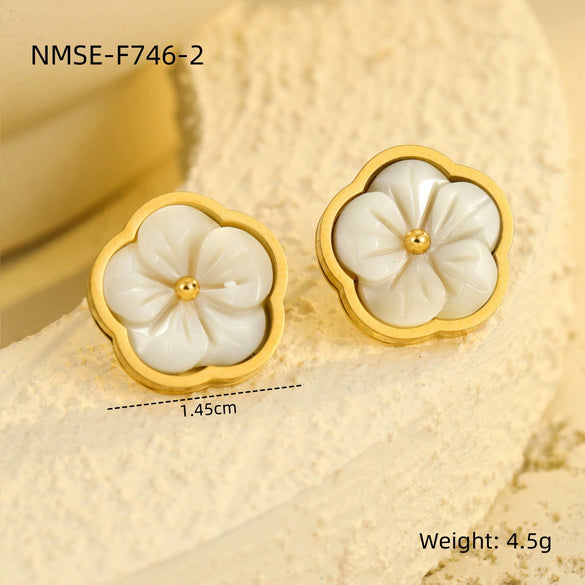 Stainless Steel Women's Earrings Necklace Bracelet With Zircon Flower Inlaid Motherofpearl Petal Pendant And Electroplating Design