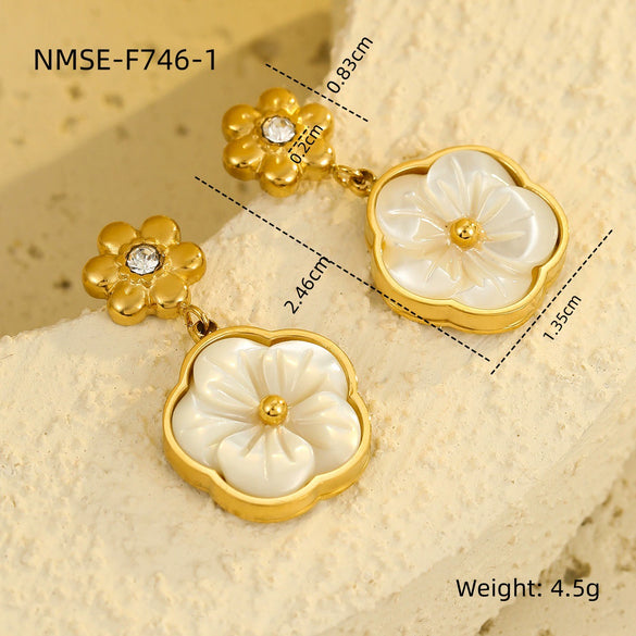 Stainless Steel Women's Earrings Necklace Bracelet With Zircon Flower Inlaid Motherofpearl Petal Pendant And Electroplating Design