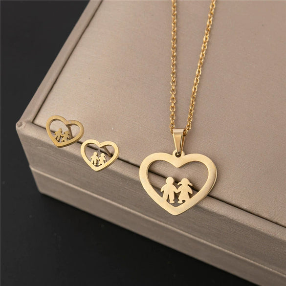 Stainless Steel Women's Earrings Necklace Threepiece Set With Crown Lotus Hollow Butterfly Cross Pattern Electroplated