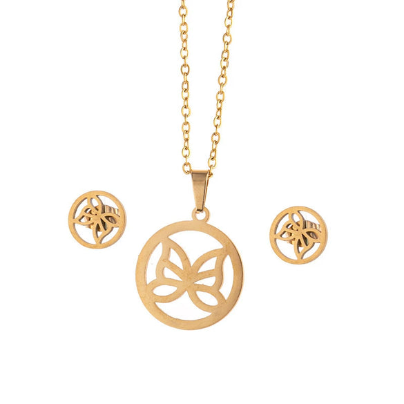 Stainless Steel Women's Earrings Necklace Threepiece Set With Crown Lotus Hollow Butterfly Cross Pattern Electroplated