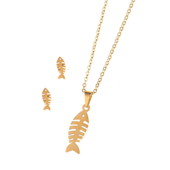 Stainless Steel Women's Earrings Necklace Threepiece Set With Crown Lotus Hollow Butterfly Cross Pattern Electroplated