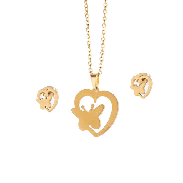 Stainless Steel Women's Earrings Necklace Threepiece Set With Crown Lotus Hollow Butterfly Cross Pattern Electroplated