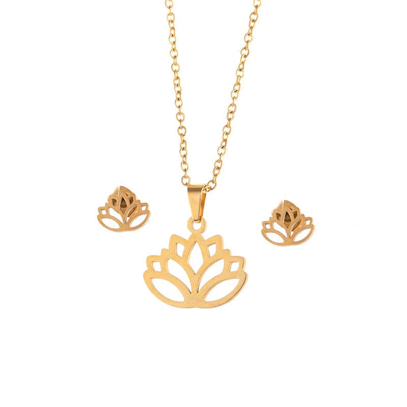 Stainless Steel Women's Earrings Necklace Threepiece Set With Crown Lotus Hollow Butterfly Cross Pattern Electroplated