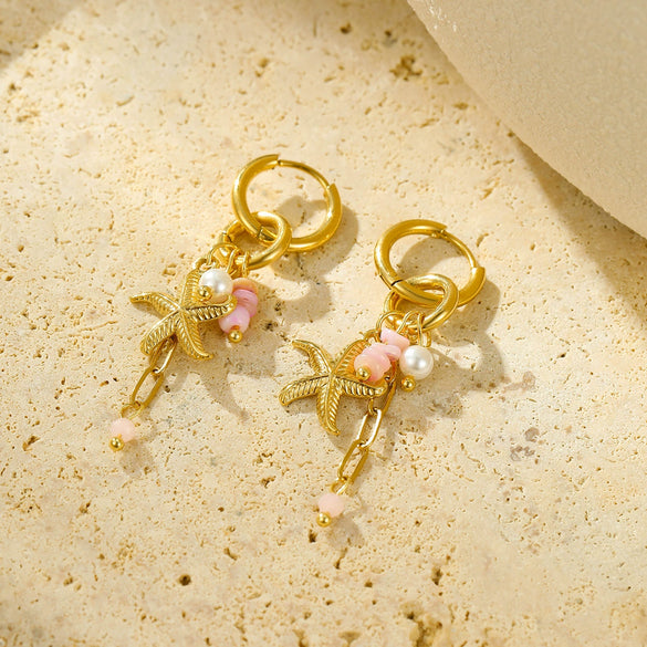 Stainless Steel Women's Earrings Ocean Style Starfish With Heart Shape And Geometric Pattern Electroplated