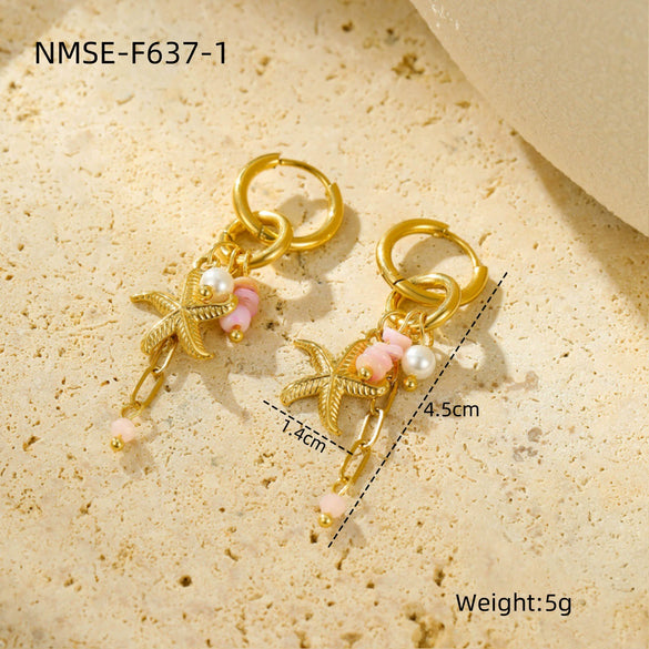 Stainless Steel Women's Earrings Ocean Style Starfish With Heart Shape And Geometric Pattern Electroplated