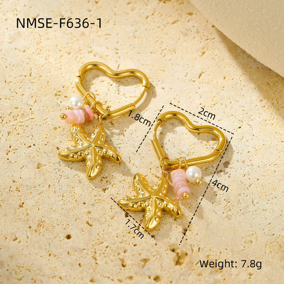 Stainless Steel Women's Earrings Ocean Style Starfish With Heart Shape And Geometric Pattern Electroplated