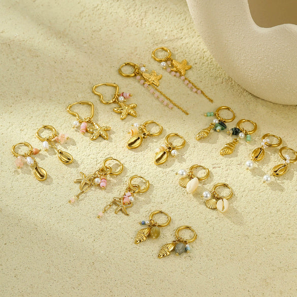 Stainless Steel Women's Earrings Ocean Style Starfish With Heart Shape And Geometric Pattern Electroplated