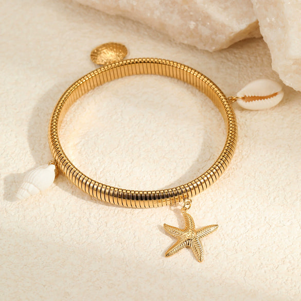 Stainless Steel Women's Fashion Bracelet With Starfish Shell Pendant Geometric Pattern Electroplated