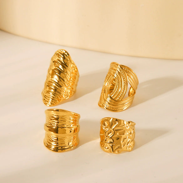 Stainless Steel Women's Fashion Exaggerated Ring With Hammer Pattern And Geometric Design Electroplated