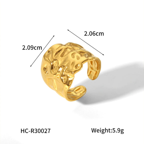 Stainless Steel Women's Fashion Exaggerated Ring With Hammer Pattern And Geometric Design Electroplated