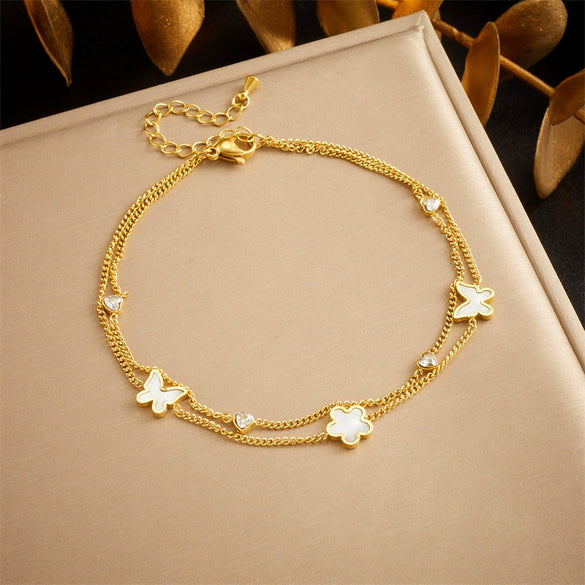 Stainless Steel Women's Fashion Simple Doublelayered Flower Anklet Accessories