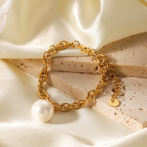 Stainless Steel Women's Geometric Cross Chain Bracelet With Pearl Pendant And Electroplating Treatment