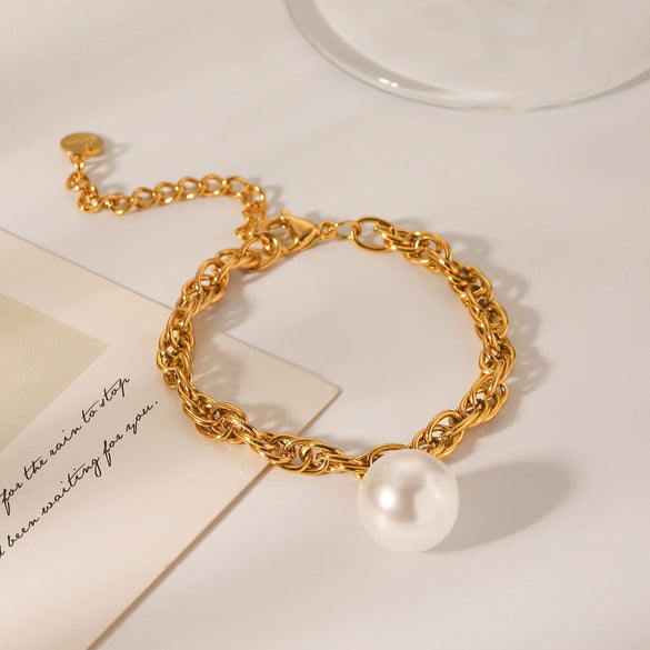 Stainless Steel Women's Geometric Cross Chain Bracelet With Pearl Pendant And Electroplating Treatment