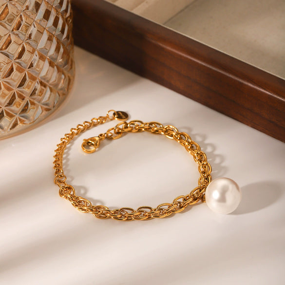 Stainless Steel Women's Geometric Cross Chain Bracelet With Pearl Pendant And Electroplating Treatment