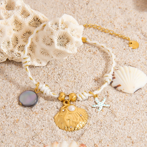 Stainless Steel Women's Geometric Fashion Minimalist Bracelet With Seaside Shell Starfish Pendant And Natural Stone Set With Diamonds Jewelry