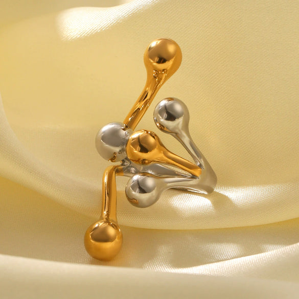 Stainless Steel Women's Geometric Irregular Spherical Casting Ring With Gold And Silver Color Matching And Electroplating