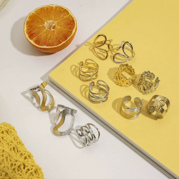 Stainless Steel Women's Geometric Ring And Opening Bracelet With Electroplating Design