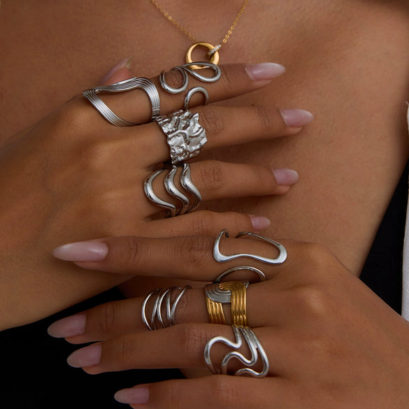 Stainless Steel Women's Geometric Ring And Opening Bracelet With Electroplating Design