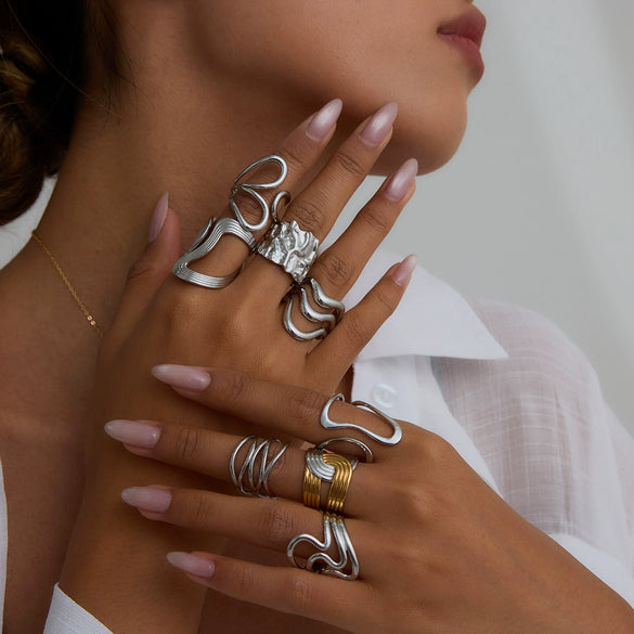 Stainless Steel Women's Geometric Ring And Opening Bracelet With Electroplating Design
