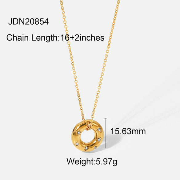 Stainless Steel Women's Necklace With 18K Gold Hollow Round Inlaid Zircon Pendant And Electroplating Treatment