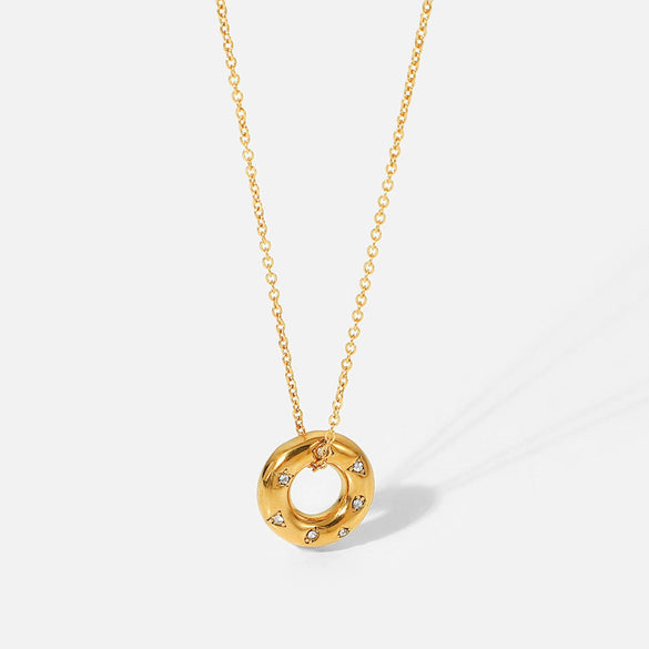 Stainless Steel Women's Necklace With 18K Gold Hollow Round Inlaid Zircon Pendant And Electroplating Treatment