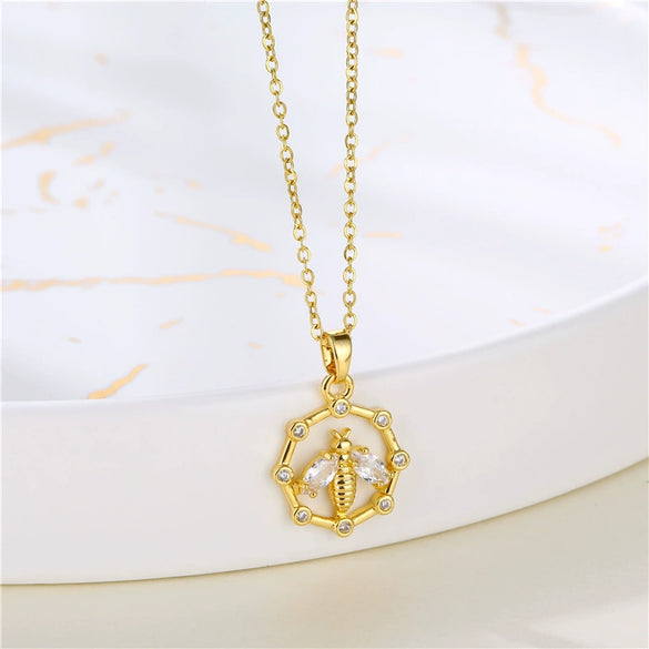 Stainless Steel Women's Necklace With Microinlay Bees And Electroplating Treatment