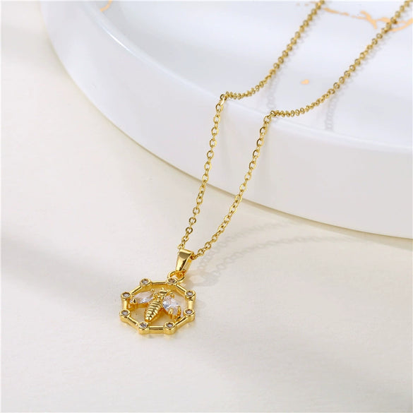 Stainless Steel Women's Necklace With Microinlay Bees And Electroplating Treatment