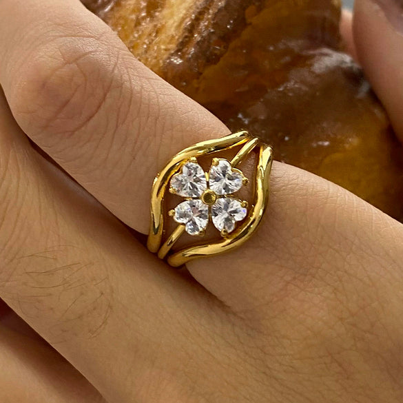 Stainless Steel Women's Ring With Diamond Four Leaf Clover Geometric Style Electroplated