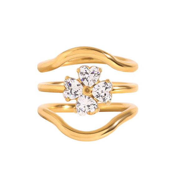 Stainless Steel Women's Ring With Diamond Four Leaf Clover Geometric Style Electroplated