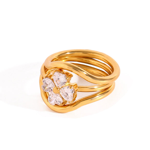 Stainless Steel Women's Ring With Diamond Four Leaf Clover Geometric Style Electroplated