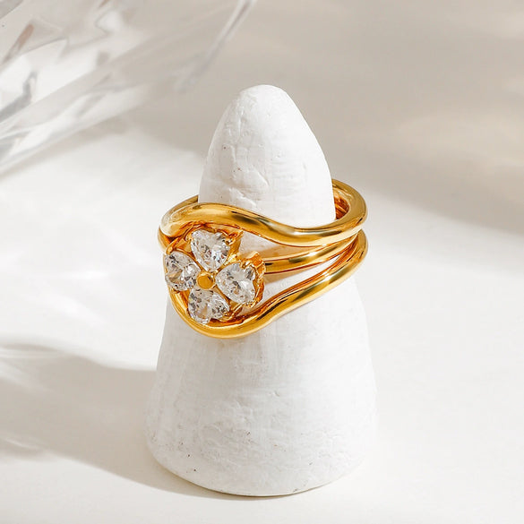 Stainless Steel Women's Ring With Diamond Four Leaf Clover Geometric Style Electroplated