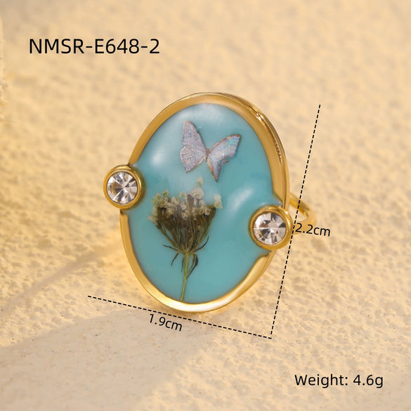 Stainless Steel Women's Ring With Geometric Love Glue Bow And Dried Flower Zircon Light Luxury Style Electroplated