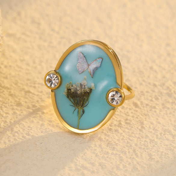 Stainless Steel Women's Ring With Geometric Love Glue Bow And Dried Flower Zircon Light Luxury Style Electroplated