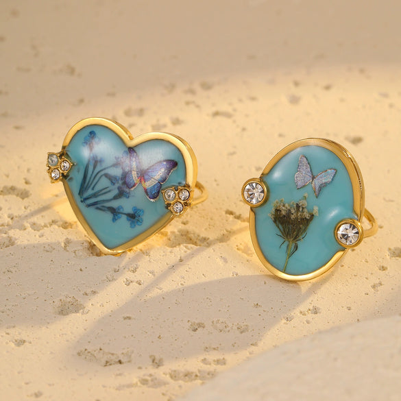 Stainless Steel Women's Ring With Geometric Love Glue Bow And Dried Flower Zircon Light Luxury Style Electroplated