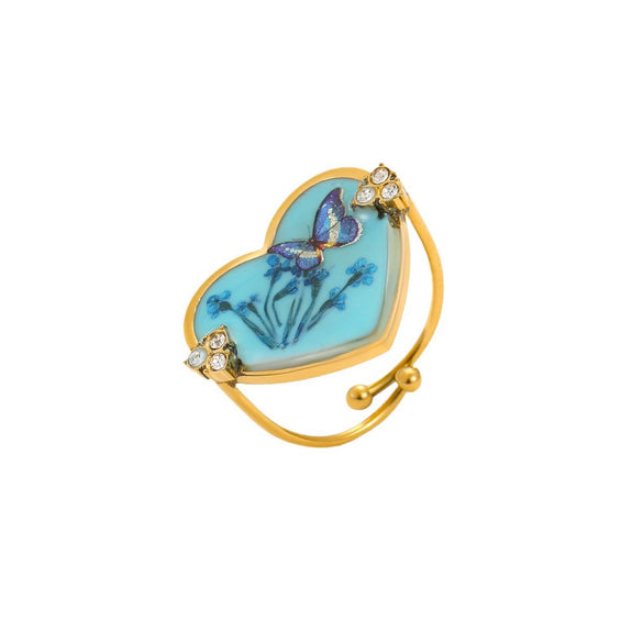 Stainless Steel Women's Ring With Geometric Love Glue Bow And Dried Flower Zircon Light Luxury Style Electroplated