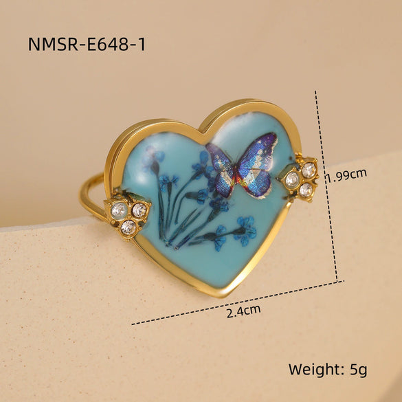 Stainless Steel Women's Ring With Geometric Love Glue Bow And Dried Flower Zircon Light Luxury Style Electroplated