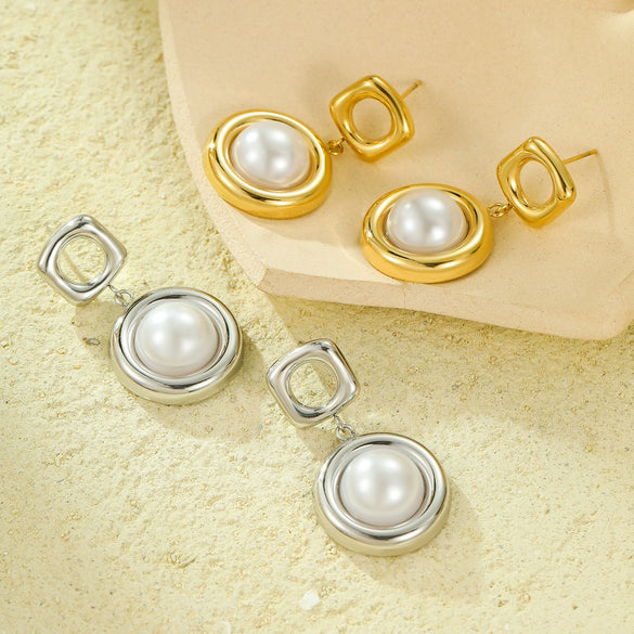 Stainless Steel Women's Square Hollow Round Pearl Pendant Earrings With Electroplating