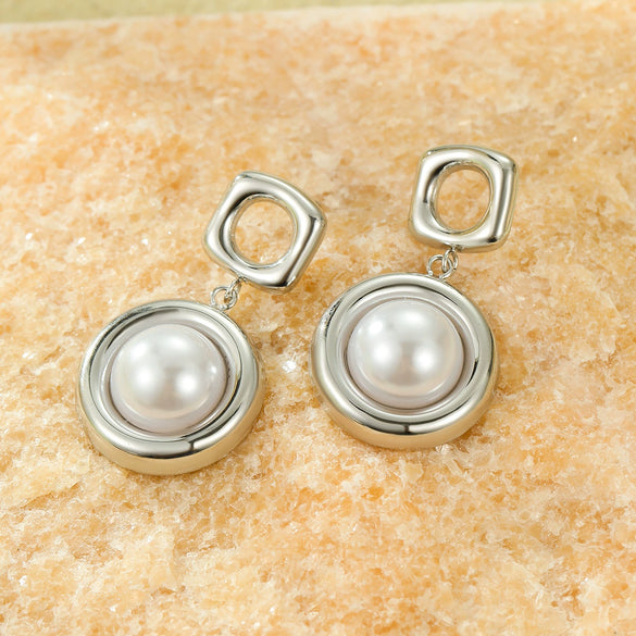 Stainless Steel Women's Square Hollow Round Pearl Pendant Earrings With Electroplating