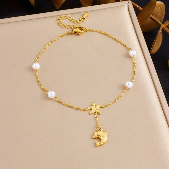 Stainless Steel Women's Stacked Doublelayer Chain Pendant Anklet With Star Pattern