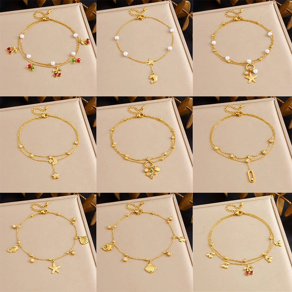 Stainless Steel Women's Stacked Doublelayer Chain Pendant Anklet With Star Pattern