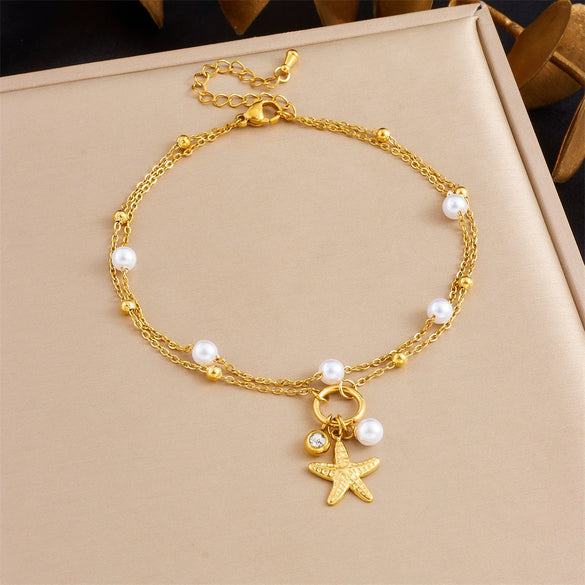 Stainless Steel Women's Stacked Doublelayer Chain Pendant Anklet With Star Pattern