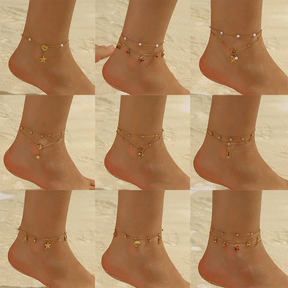 Stainless Steel Women's Stacked Doublelayer Chain Pendant Anklet With Star Pattern