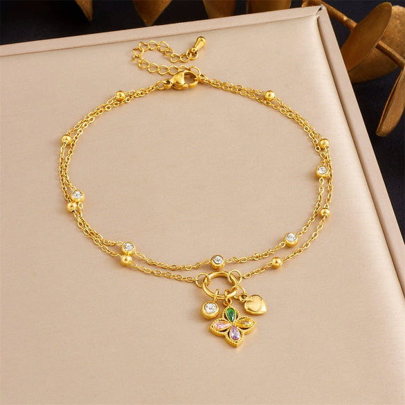 Stainless Steel Women's Stacked Doublelayer Chain Pendant Anklet With Star Pattern