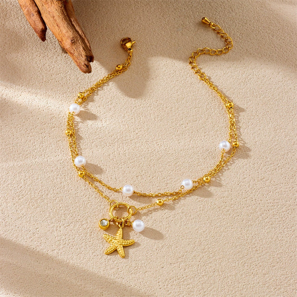 Stainless Steel Women's Starfish Star Pendant Doublelayered Anklet Foot Jewelry