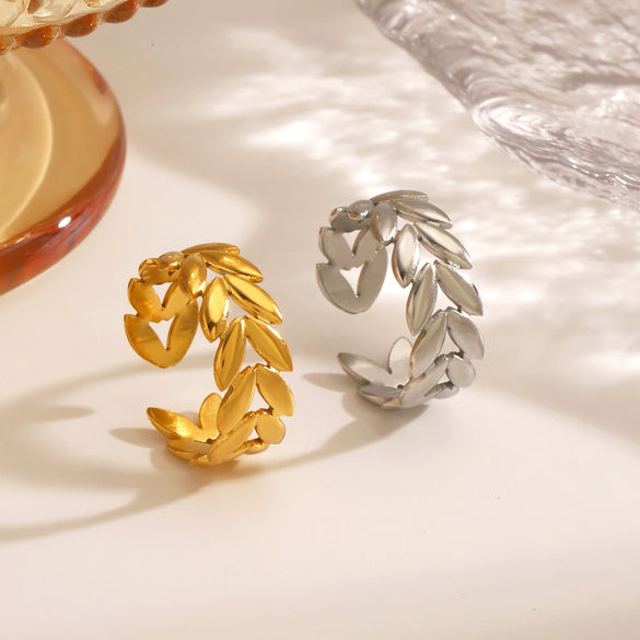 Stainless Steel Women's Wheat Ear Ring With 18K Goldplated Electroplating In Plants And Flowers Style